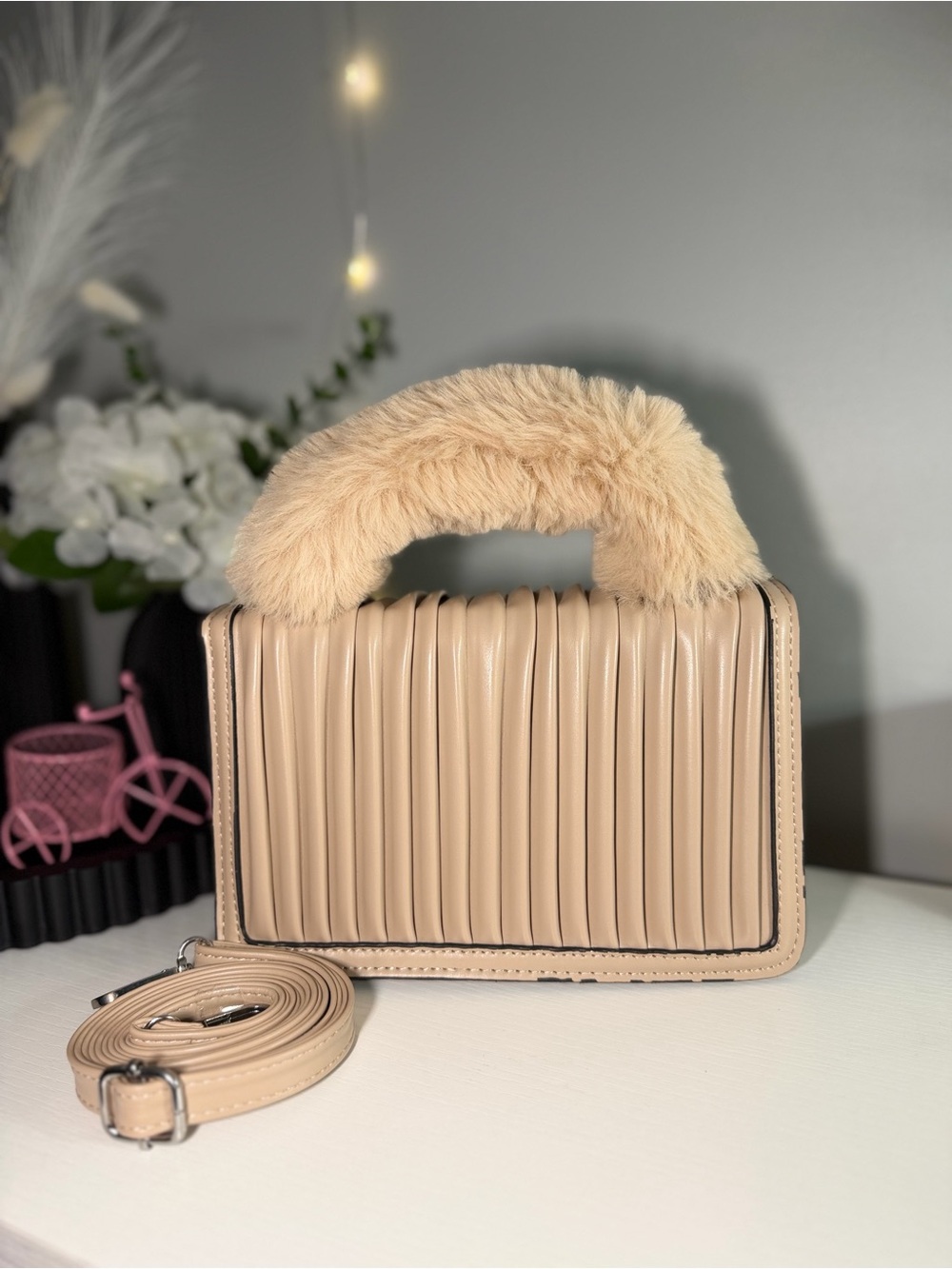 Faux-Fur Top Handle Pleated Crossbody Bag in Beige